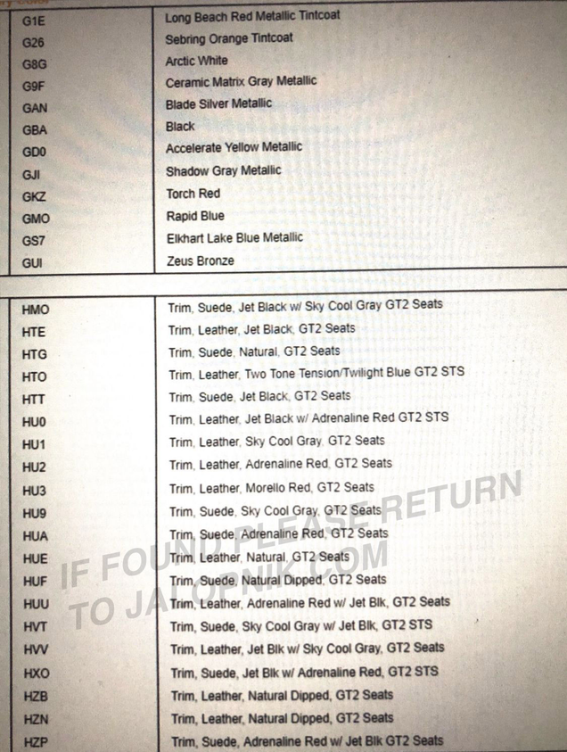 Illustration for article titled Colors, Options for Mid-Engine Corvette Detailed in Apparently Leaked Order Guide